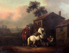 Attributed to Philip Wouwermans (1619-1668)oil on canvasRiders beside a cottage with a farrier