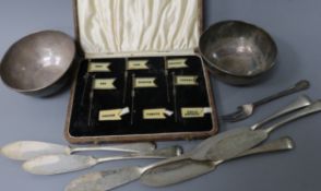 A 1930's cased set of six silver sandwich markers, with sixteen assorted naming plaques, Adolf Scott