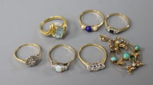 Six assorted gem set dress rings including two 18ct gold and three 9ct gold and a 9ct gold and gem