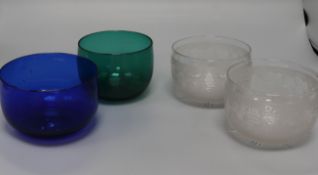 Two Stourbridge cut glass finger bowls and two others in green and blue glass