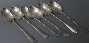 Six Victorian and later silver Hanovarian rat-tail pattern table spoons, Goldsmiths & Silversmiths