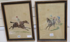 A pair of French lithographs of jockeys on horseback, 41 x 28cm