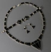 A stylish Mexican white metal black onyx Art Deco style necklace, bracelet, pair matching earrings