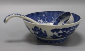 A Victorian Staffordshire blue and white bowl, dish and soup ladle diameter 24cm