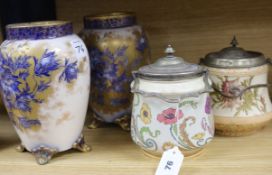 A Carlton ware Art Nouveau biscuit barrel, another barrel and a pair of vases (4) biscuit barrel