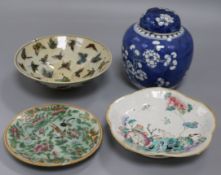 A Chinese straight butterfly bowl, a Straits footed bowl with rabbit, a prunus ginger jar and a