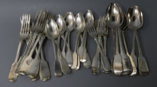 A harlequin canteen of William IV and later silver fiddle pattern flatware, (32 pieces) 60 oz.
