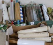 A collection of rolling pins, some with adverts including Allinson, Coombs' "Lily Brand", approx 18