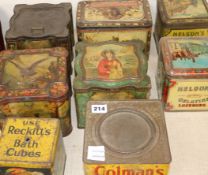 A collection of advertising tins, including Colmans Mustard, Reckitts blue Nelson's lozenges,