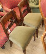 A pair of inlaid dining chairs, a Victorian upholstered walnut framed armchair and two French