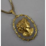 A yellow metal and diamond set chalcedony "cameo" style oval pendant, with a 9ct gold chain, pendant
