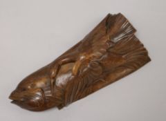 A Chinese hardwood fish and cormorant group W.23cm.