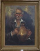 Continental School (20th century), oil on canvas, Portrait of an elderly toper holding a wine