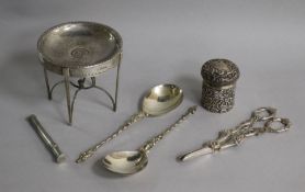 A George V silver miniature model of an occasional table, Sheffield, 1910, five other items