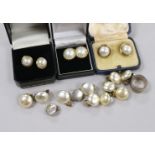 Two pairs of 9ct gold and mabe pearl earclips, assorted pairs of simulated pearl earclips and a