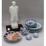 A quantity of Chinese blue and white, two Imari dishes and a blanc de Chine figure of Mao H.47cm