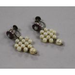 A pair of antique ruby and cultured pearl cluster drop earrings.