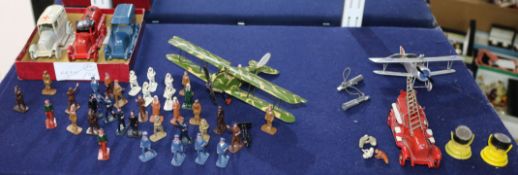 Two Skybirds models of two Bi planes and a group of forty painted lead models of pilots, aircrew,