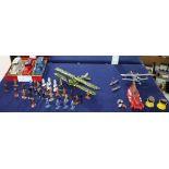 Two Skybirds models of two Bi planes and a group of forty painted lead models of pilots, aircrew,