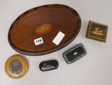 Four various snuff boxes, including Sorrento marquetry and lacquer, together with a small inlaid