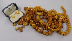 Five amber bead/fragment necklaces and three pairs of amber earrings, one other pair and a single