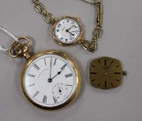A Waltham gold plated pocket watch, a lady's 9ct gold Rolco and a Longines movement and dial.