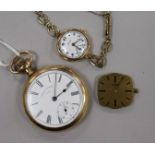 A Waltham gold plated pocket watch, a lady's 9ct gold Rolco and a Longines movement and dial.