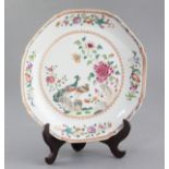 A Chinese export famille rose 'double peacock' octagonal dish, Qianlong period, width 24.5cm