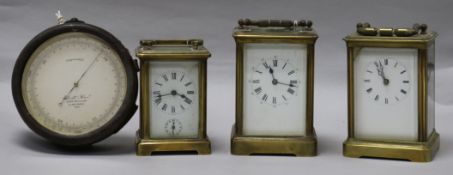 A Richard et Cie carriage clock and two carriage timepieces and an aneroid barometer