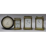 A Richard et Cie carriage clock and two carriage timepieces and an aneroid barometer