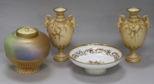 A small collection of Royal Worcester ceramics, including a pair of blush ivory twin-handled