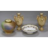 A small collection of Royal Worcester ceramics, including a pair of blush ivory twin-handled