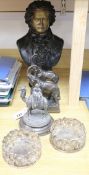 A bronze bust of Beethoven, a pair of elephant bookends, two plated coasters and an Arab on camel