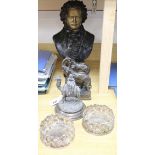 A bronze bust of Beethoven, a pair of elephant bookends, two plated coasters and an Arab on camel