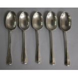 A matched set of five early 20th century silver Hanovarian rat-tail pattern dessert spoons, 7.5 oz.