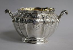 A Victorian engraved silver two handled sugar bowl, Walter Morrisse, London, 1846, width 17.4cm over