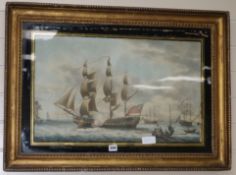 19th century English School, hand coloured aquatint, British Naval vessels in harbour, 15 x 24.5in.