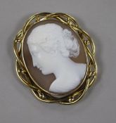 A yellow metal mounted oval cameo brooch, carved with the bust of a lady to dexter, 67mm.