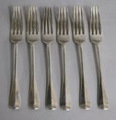 A set of six Edwardian silver Hanovarian pattern table forks, Robert Stebbings, London, 1905, 14