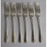 A set of six Edwardian silver Hanovarian pattern table forks, Robert Stebbings, London, 1905, 14