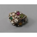 An Indian? 14ct gold and multi gem set dome topped ring, size L.