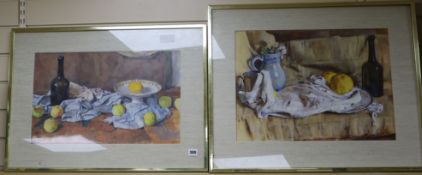 G. Weissbort, two oils on card, still lifes of fruit and bottles, signed and dated 1951 and 1952, 15