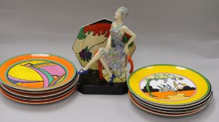 Ten reproduction Clarice Cliff plates and a Kevin Francis figure "Tea with Clarice Cliff"