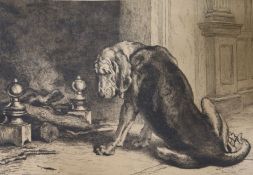 Briton Riviere, after Herbert Dicksee (1862-1942), drypoint etching, Bloodhound beside the hearth,