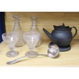 A Wedgwood basaltware teapot and stand and a pair of rummers