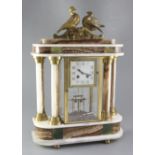 A 1930's polychrome onyx portico mantel clock, surmounted by ormolu doves, the 3.5 inch Arabic