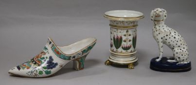 A tinglaze famille verte model of a shoe, a Staffordshire dalmation and an English porcelain spill