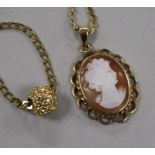 A 9ct gold chain necklace with ball pendant and a 9ct gold cameo pendant on 14K gold chain.