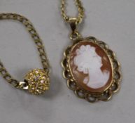 A 9ct gold chain necklace with ball pendant and a 9ct gold cameo pendant on 14K gold chain.