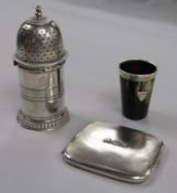 A Victorian silver lighthouse sugar caster, a silver cigarette case and a silver mounted horn